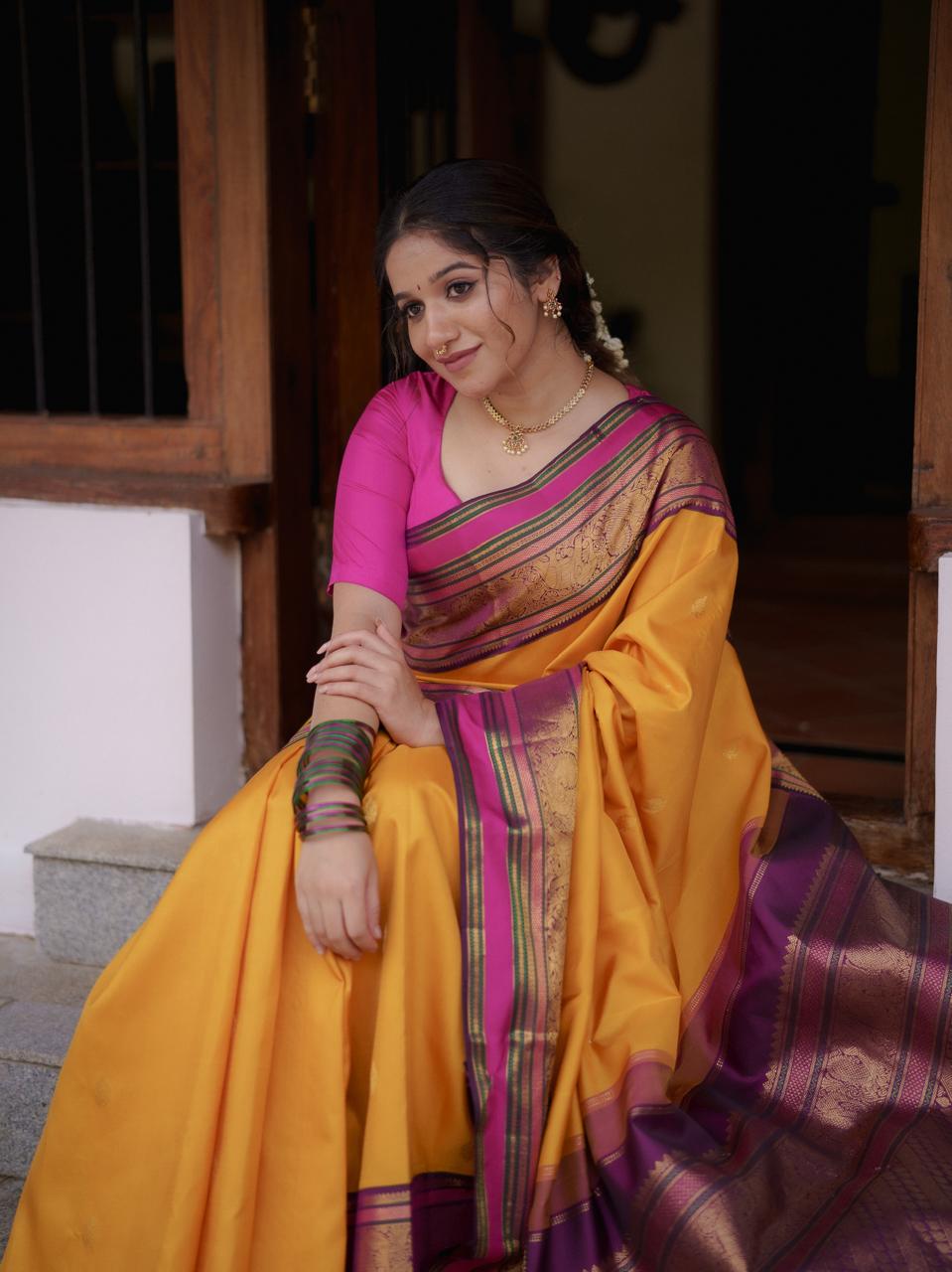 Yellow - Purple Vintage Korvaii Saree