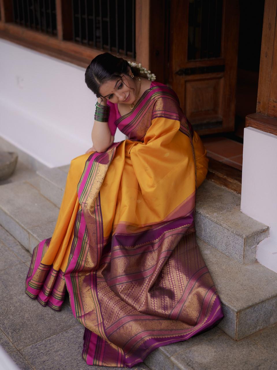 Yellow - Purple Vintage Korvaii Saree