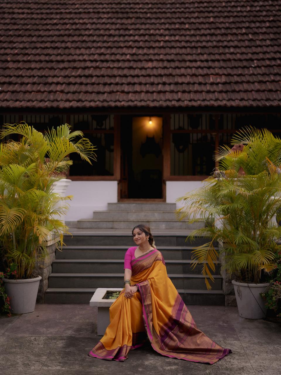 Yellow - Purple Vintage Korvaii Saree