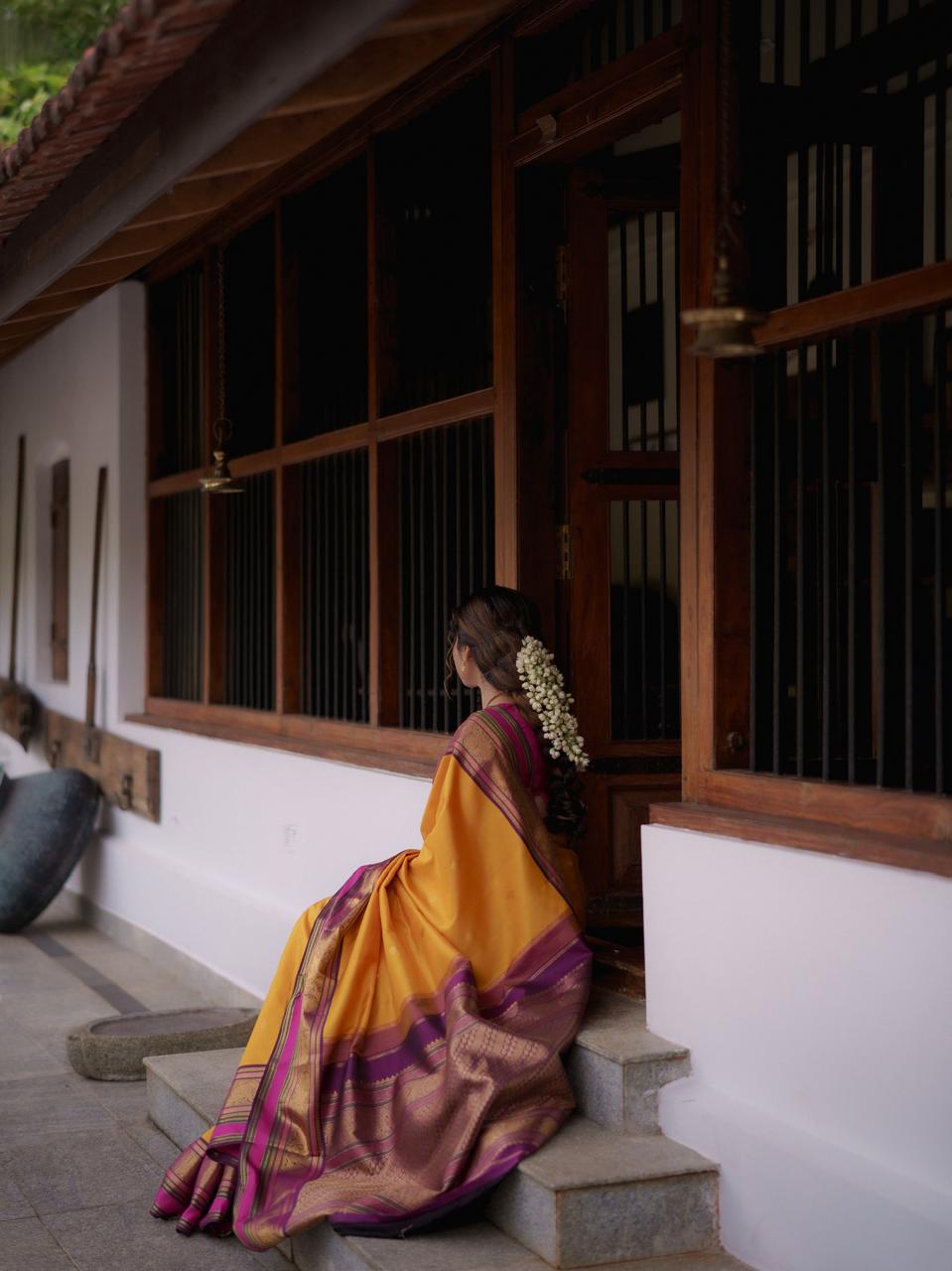 Yellow - Purple Vintage Korvaii Saree