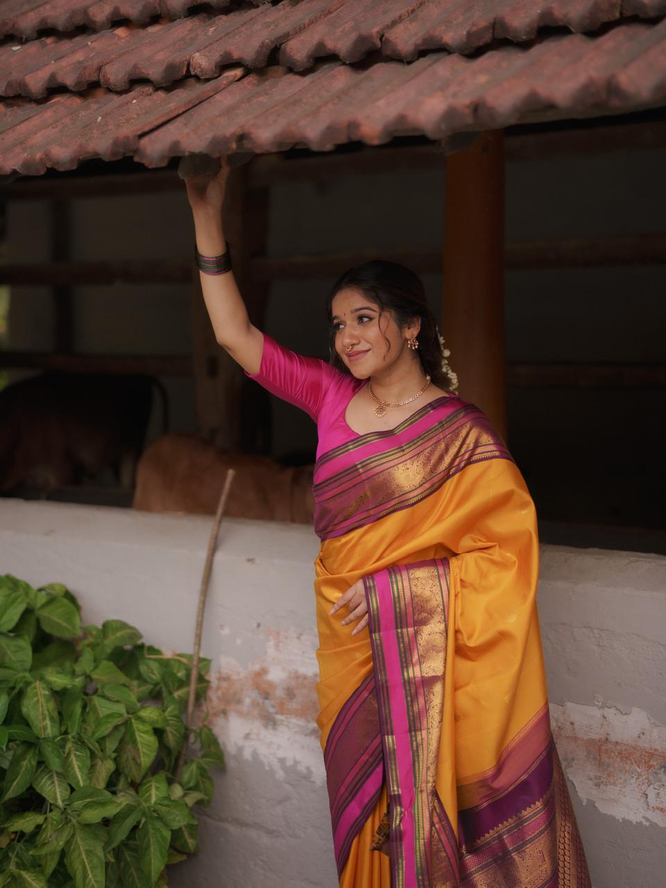 Yellow - Purple Vintage Korvaii Saree